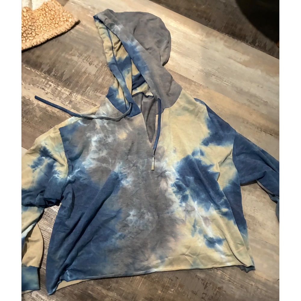 West Coast Tie Dye Cropped Hoodie Blue Tan V-Neck Raw Hem XL